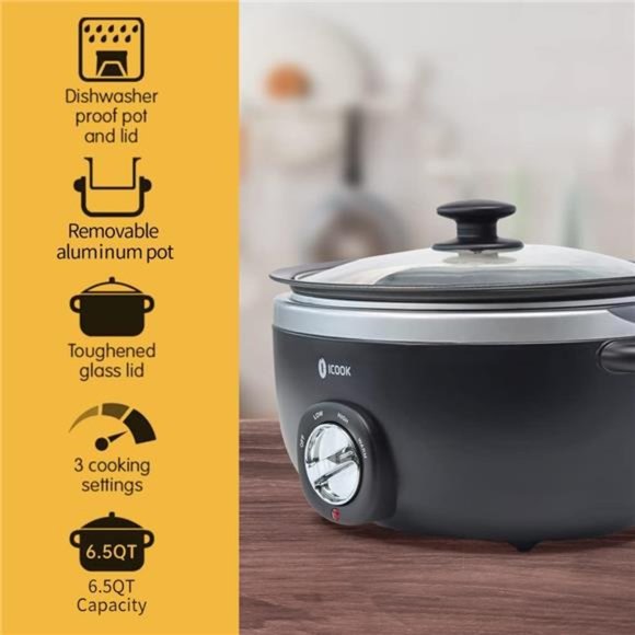 6.5 Quart Slow Cooker, Aluminum Sear, Glass Lid, Adjustable...